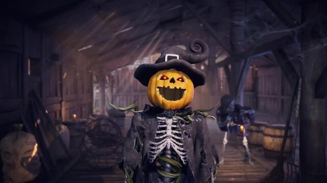 Halloween pumpkin head skeleton talking and scaring in eerie haunted barn. Funny 3D animation for holiday greeting cards, invitations, posters, and party events.
