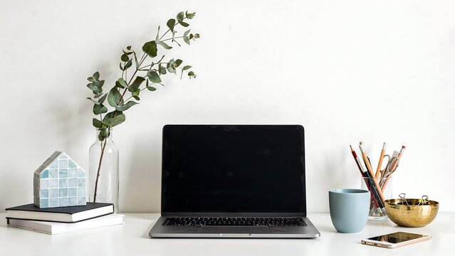 Modern minimalist workspace with laptop plant stationery and decorative accessories on a white desk