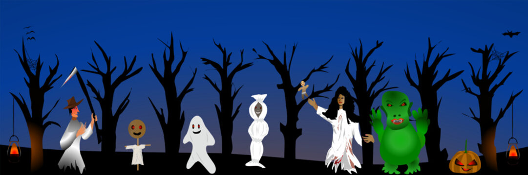 Global and Indonesian Ghost Character Icon Set with Pocong Kuntilanak Buto Ijo Tuyul Grim Reaper Pumpkin Lantern and Spider Web Vector, Happy Halloween icon set Indonesian ghosts