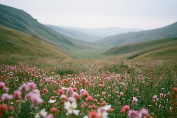 Obraz premium The Meadow of Pink Wildflowers Sweeping Through Rolling Green Hills