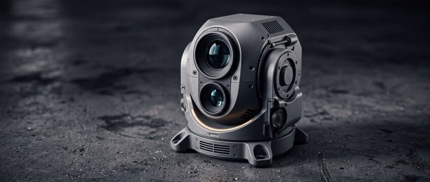 Professional gray security pan tilt zoom camera unit mounted on dark textured concrete surface representing advanced surveillance and monitoring technology.