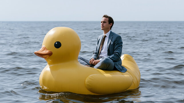 man in formal suit sitting calmly on inflatable duck at sea, quirky business humor and stress relief concept