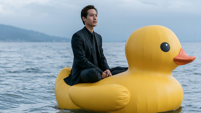 surreal image of businessman floating on giant duck in ocean, funny business vacation and work life balance concept