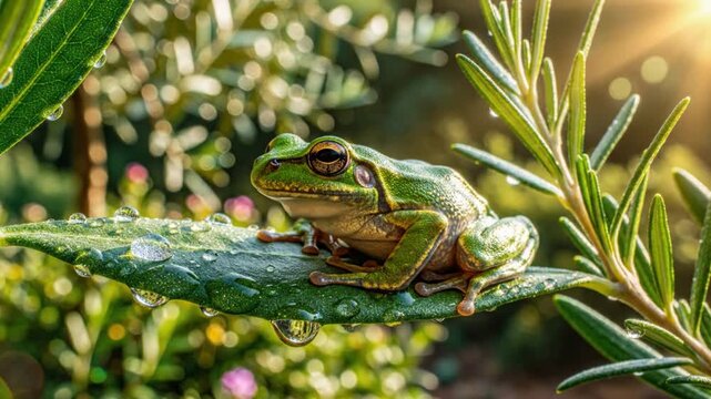 European tree frog perched on a vibrant green leaf with glistening water droplets and beautiful natural sunlight