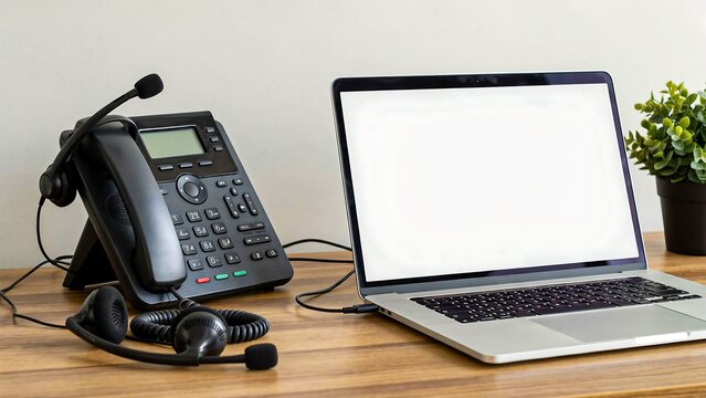 Modern office workspace with business telephone laptop and green plant on wooden desk