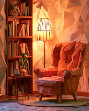 A cozy interior scene shows a low poly armchair beside a lamp and bookshelf. Warm light fills the space, creating a comforting atmosphere.