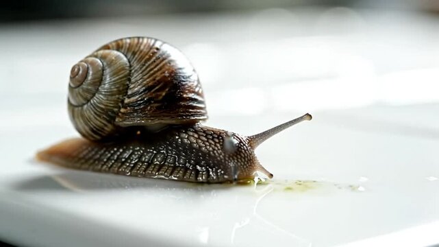 Close-up of a snail with a spiral shell crawling on a white surface, revealing its texture
