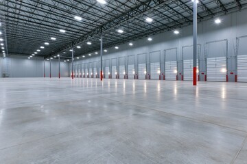 Obraz premium The Empty Warehouse Interior with Bright Industrial Lighting and Long Loading Docks