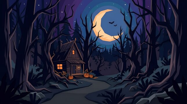 Spooky haunted house on moonlit forest path, witch's cottage at night, halloween witch's isolated cabin, scary witch hut