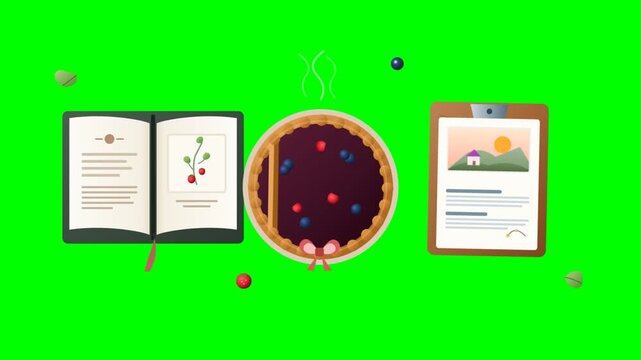 Animated flat vector baking recipe book with berry pie and