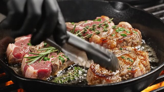 Chef carefully using tongs to flip sizzling lamb chops in hot cast iron skillet with fresh herbs