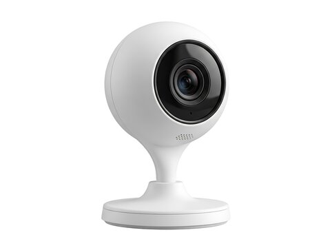 White indoor security camera with lens isolated on white background