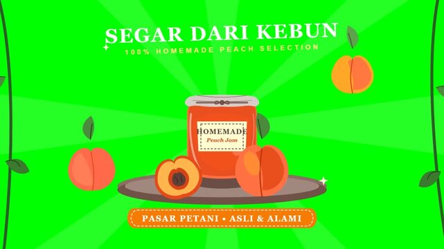 Animated peach jam jar with fresh fruit and green background