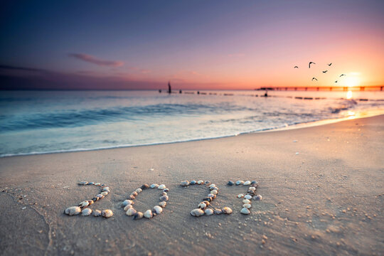 happy new year 2027 on the beach in sunset light