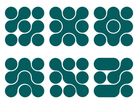 Set of six teal metaball grid icons showing merging circle clusters in varied square arrangements, ideal for tech logos and modern app icon design