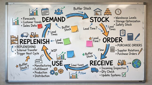 Inventory Management Cycle Whiteboard: Supply Chain Flow Diagram - Demand, Stock, Order, Receive, Use & Replenishment Strategies for Business Operations.