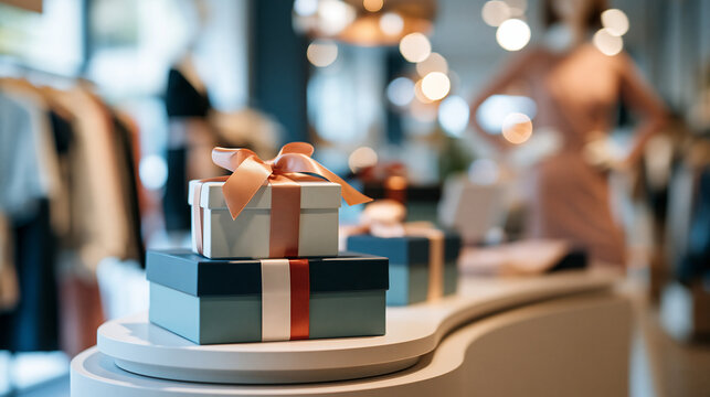 Close up of neatly stacked gift boxes on a curved display table in a clothing store, bright modern background with apparel displays nearby, retail gift display, boutique