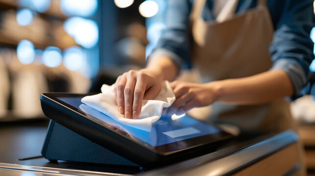 Close up of hands of female retail worker cleaning a touch screen POS terminal at the checkout counter, bright modern clothing store background, retail hygiene, checkout counter