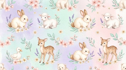 Naklejka premium Cute watercolor forest animals and pastel floral pattern