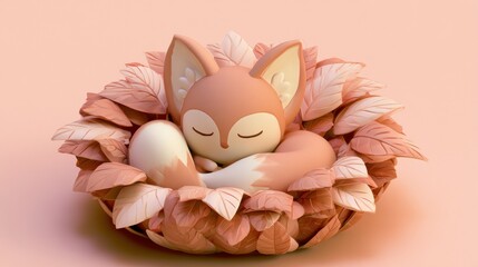 Fototapeta premium A cute fox character is napping peacefully in a pile of leaves during a warm, sunny day. The scene is soft with pastel hues.
