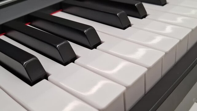 Close view of black and white piano keys indoors. Music instrument, classical sound, artistic hobby, performance concept, elegant detail.