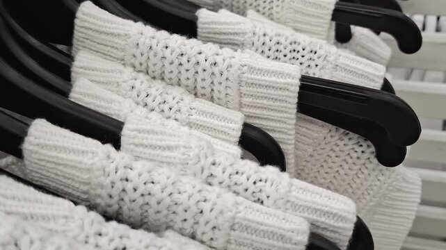 Many white knitted sweaters hang on hangers inside a clothing store, fashion apparel retail, winter wardrobe shopping, textile background textures. Warm vests