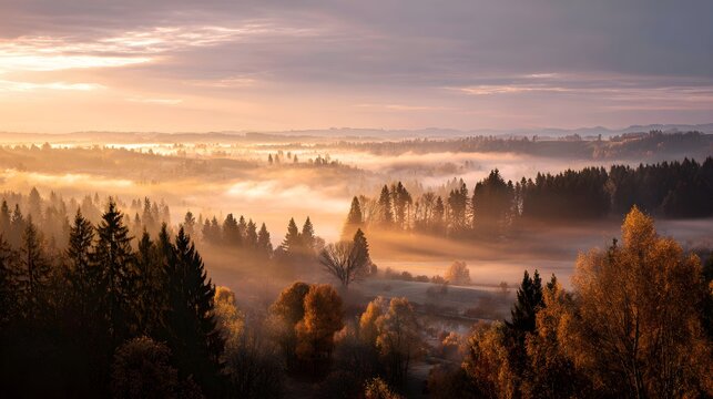Misty sunrise over a forested valley with rolling hills
