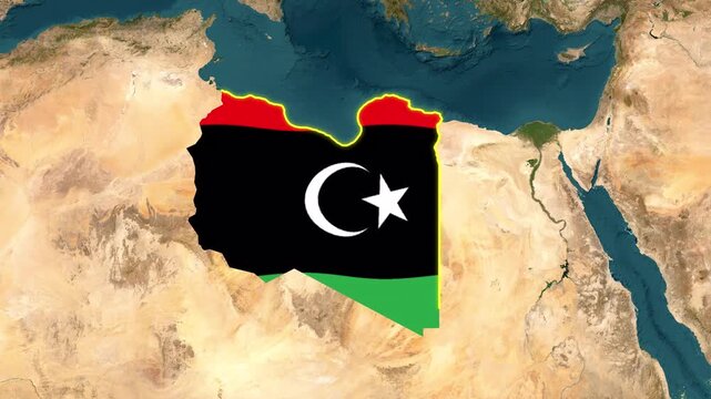 Satellite map of Libya. Once the clouds moved away, the territory is the waving national flag of the country. Yellow outline of the border. Concept for broadcast, social media.