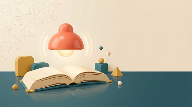 Open book with desk lamp and geometric shapes on blue surface