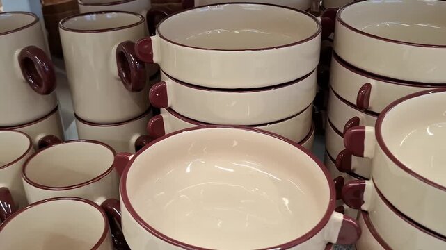 Ceramic mugs and bowls stacked on a store shelf in close view. Kitchenware shopping, home decor, tableware collection, retail display, everyday lifestyle.