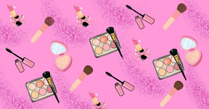 Cute pink makeup products pattern with cosmetics eyeshadow and lipstick on glitter background