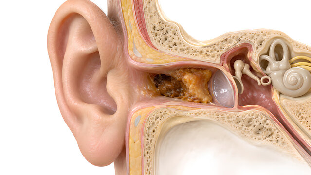 Ear canal earwax impaction medical 3D cutaway illustration showing impacted cerumen, eardrum and inner ear anatomy for healthcare education, otolaryngology, radiology and patient education
