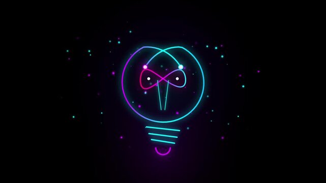 Abstract glowing neon light bulb with infinity sign symbol and particles motion graphics seamless loop animated background
