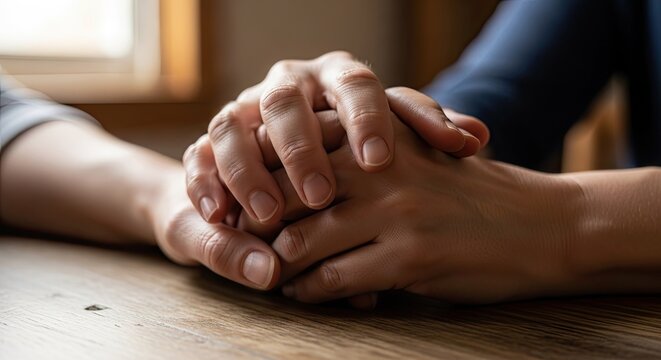 Close-up of human hands clasped on wooden table.