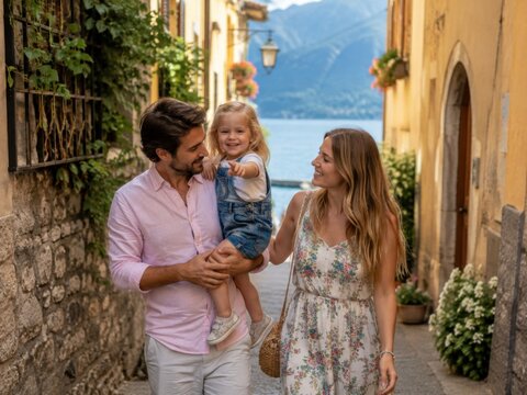 Junge Familie mit kleiner Tochter erkundet eine malerische Gasse am Comer See und genie&szlig;t zwischen historischen H&auml;usern, Blumen und Seeblick einen entspannten Urlaubstag.
