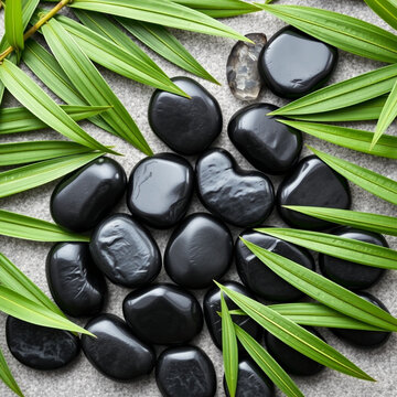 flat, lay, polished, black, basalt, spa, rocks, arranged, green, bamboo, leaves