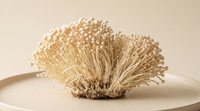 Fresh enoki mushrooms on ceramic plate, raw golden needle mushroom cluster, organic enokitake fungi for gourmet cooking