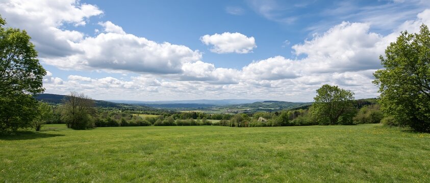 The Meadow Landscape Under Expansive Blue Sky and Rolling Hills