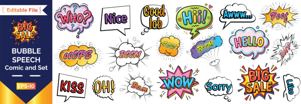 Comic speech bubbles set with sound effects text boom zap wham crash Set.