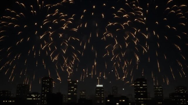 Nighttime city skyline with fireworks exploding above tall buildings celebrating a special occasion