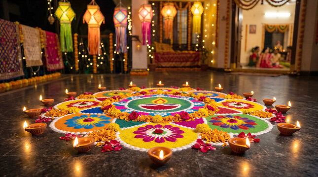 Traditional Diwali festival celebration with colorful rangoli floor art and glowing lanterns