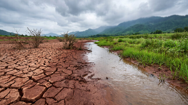 Dramatic Natural Transition from Dry Cracked Earth to Lush Green Vegetation Along a Stream. Symbolizing Climate Change, Drought Recovery, Hope, and Changing Weather Patterns.