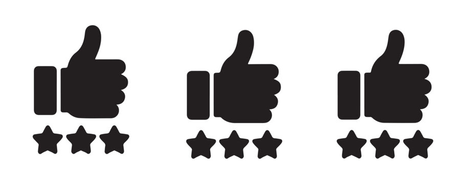 Customer rating icon set with stars and thumbs up gestures for service evaluation and product review metrics.
