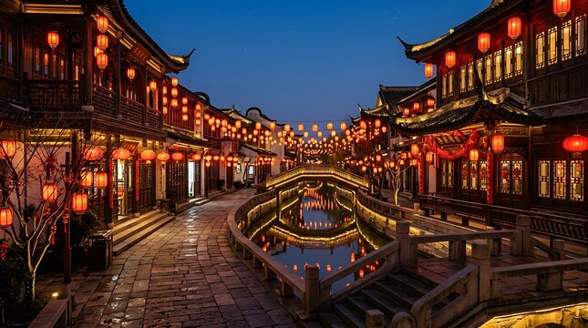 Traditional chinese town canal landscape with glowing lanterns at dusk reflection