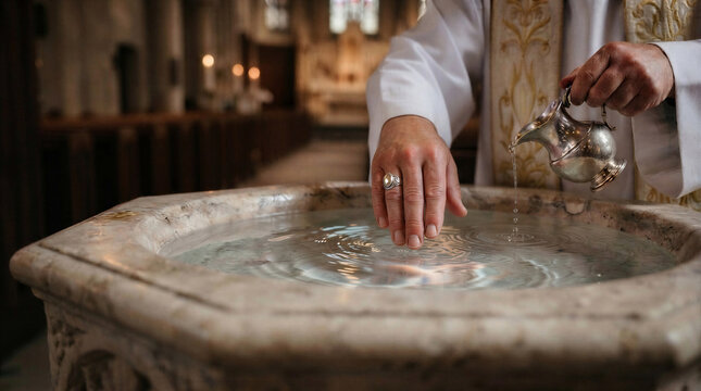 Priest blessing water in a baptismal font during a church ceremony