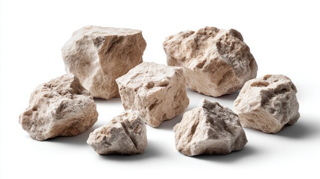 Rustic limestone rock arrangement isolated on white