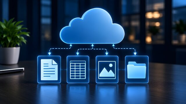 Cloud computing storage concept with glowing blue cloud icon and digital files synchronizing data backup network