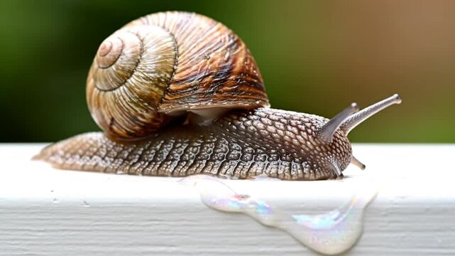 Close-up of a brown snail creeping across a white surface with slime dripping against a blurred green background