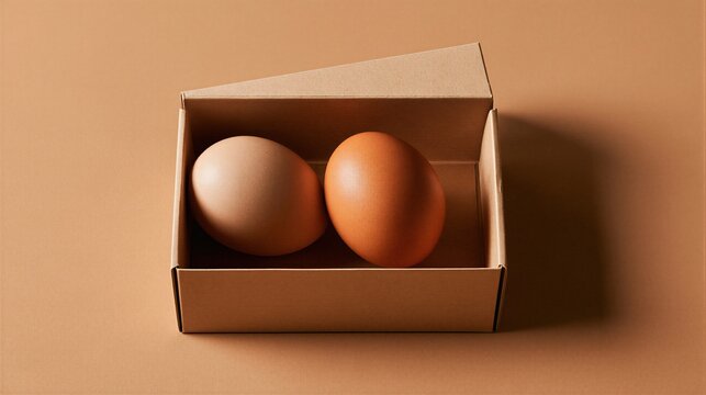 Two brown eggs nestled in a cardboard box against a warm-toned background.
