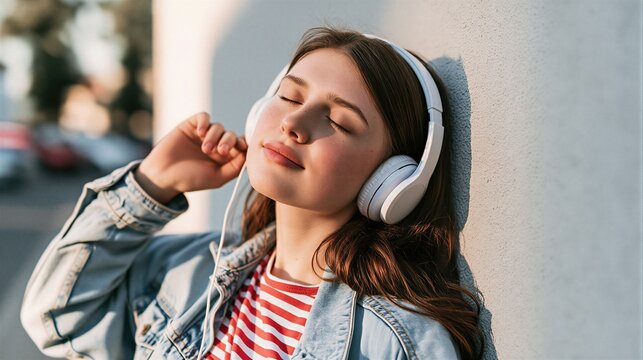 A young woman with headphones on leans against a wall, eyes closed, seemingly lost in her music.